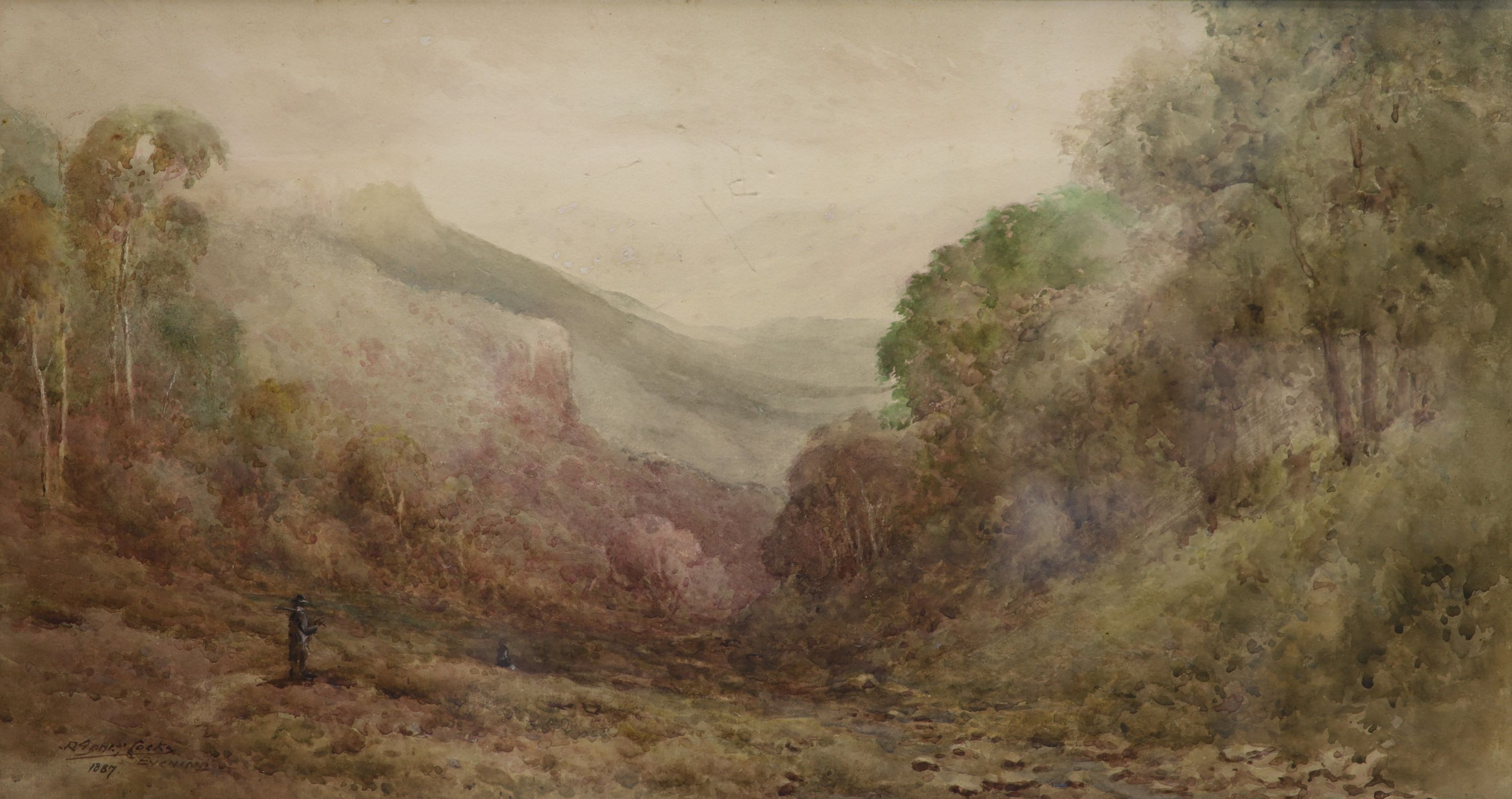 R.G.Cocks (19th. C.), watercolour, ‘Evening’, signed and dated 1887, 32 x 59cm.